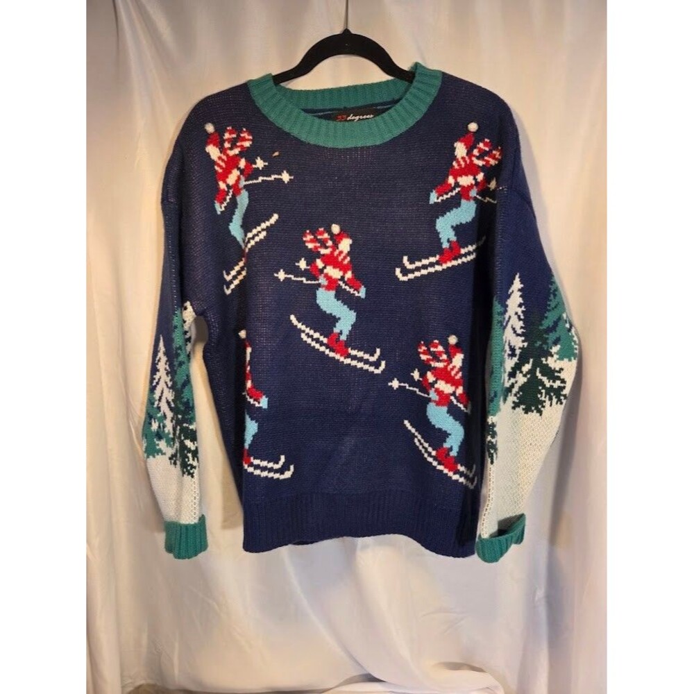 Vintage 33 Degrees Ski Sweater Snow Skier Knit Blue Green Size L